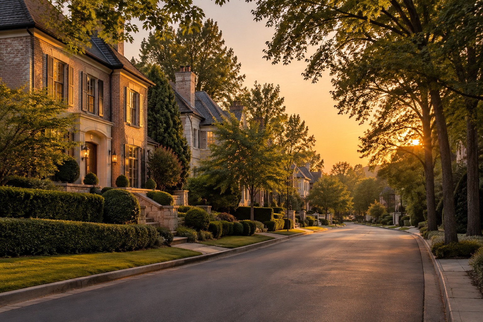 An Atlanta Buckhead neighborhood street at golden hour, illustrative