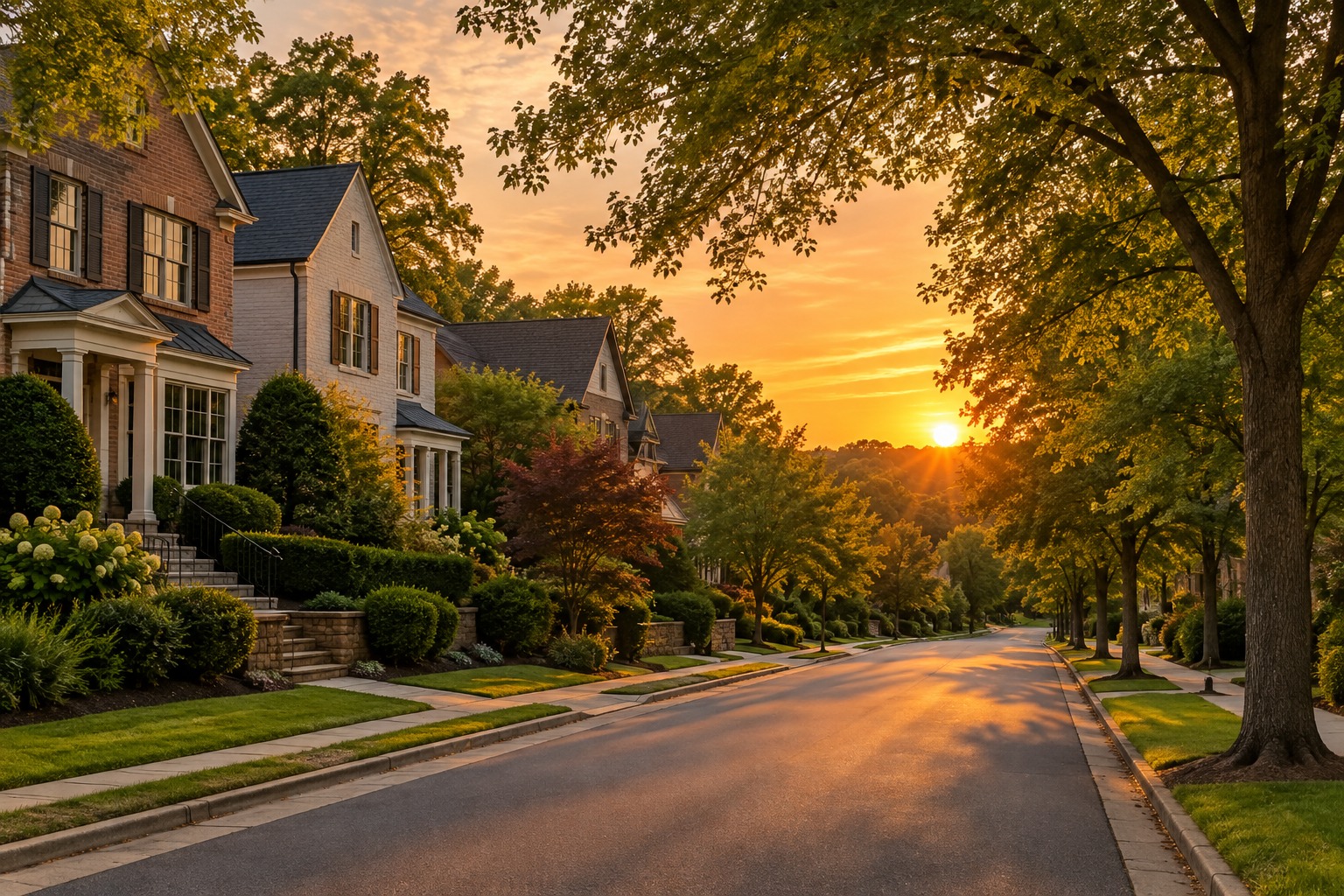 An Atlanta-area street at sunset, illustrative